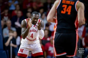 Nebraska Cornhusker forward Juwan Gary (4) claps his hands as he is ready to defend against Oregon State Beaver forward Tyler Bilodeau (34) in the first half during the basketball game on Saturday, November 18, 2023, in Sioux Falls, South Dakota. Photo by John S. Peterson.