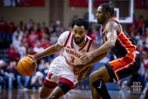Nebraska Cornhusker guard Brice Williams (3) dribbles the ball against the Oregon State Beavers in the first half during the basketball game on Saturday, November 18, 2023, in Sioux Falls, South Dakota. Photo by John S. Peterson.