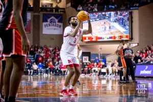 Nebraska Cornhusker guard Brice Williams (3) shoots a free throw against the Oregon State Beavers in the first half during the basketball game on Saturday, November 18, 2023, in Sioux Falls, South Dakota. Photo by John S. Peterson.