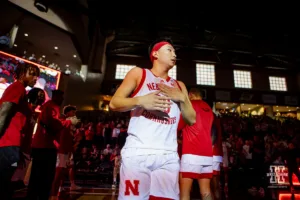 Nebraska Cornhusker guard Keisei Tominaga (30) introduced before the basketball game against the Oregon State Beavers on Saturday, November 18, 2023, in Sioux Falls, South Dakota. Photo by John S. Peterson.