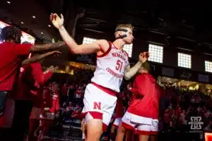 Nebraska Cornhusker forward Rienk Mast (51) introduced before the basketball game against the Oregon State Beavers on Saturday, November 18, 2023, in Sioux Falls, South Dakota. Photo by John S. Peterson.