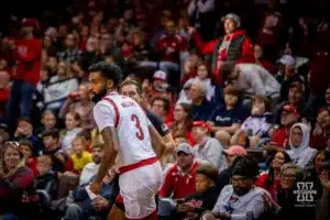 Nebraska Cornhusker guard Brice Williams (3) runs down court after making a dunk against the Oregon State Beavers in the second half during the basketball game on Saturday, November 18, 2023, in Sioux Falls, South Dakota. Photo by John S. Peterson.