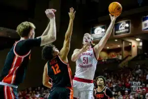 Nebraska Cornhusker forward Rienk Mast (51) takes shot against Oregon State Beaver forward Michael Rataj (12) in the second half during the basketball game on Saturday, November 18, 2023, in Sioux Falls, South Dakota. Photo by John S. Peterson.