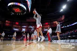 Nebraska Cornhusker guard Darian White (0) shoots the basketball warming up for the Creighton Bluejays during the basketball game on Sunday, November 19, 2023, in Lincoln, Nebraska. Photo by John S. Peterson.