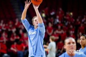Creighton Bluejay forward Morgan Maly (30) takes a shot warming up for the Nebraska Cornhuskers during the basketball game on Sunday, November 19, 2023, in Lincoln, Nebraska. Photo by John S. Peterson.