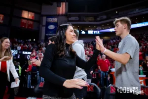 Nebraska Cornhusker head coach Amy Williams makes it out to the court to take on the Creighton Bluejays during the basketball game on Sunday, November 19, 2023, in Lincoln, Nebraska. Photo by John S. Peterson.