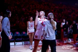 Nebraska Cornhusker center Alexis Markowski (40) introduced to the fans before taking on the Creighton Bluejays during the basketball game on Sunday, November 19, 2023, in Lincoln, Nebraska. Photo by John S. Peterson.