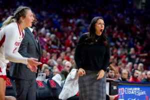 Nebraska Cornhusker head coach Amy Williams reacts to a call on the court against the Huskers during the basketball game against the Creighton Bluejays on Sunday, November 19, 2023, in Lincoln, Nebraska. Photo by John S. Peterson.