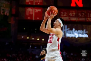 Nebraska Cornhusker guard Keisei Tominaga (30) makes a basket against the Duquesne Dukes in the first half during the college basketball game on Wednesday November 22, 2023, in Lincoln, Neb. Photo by John S. Peterson.