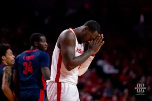 Nebraska Cornhusker forward Juwan Gary (4) reacts to making a foul in the first half against the Duquesne Dukes during the college basketball game on Wednesday November 22, 2023, in Lincoln, Neb. Photo by John S. Peterson.