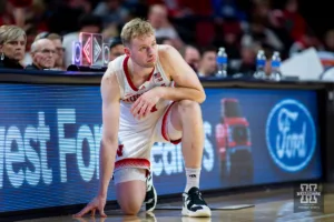 Nebraska Cornhusker forward Rienk Mast (51) waiting to get to the game against the Duquesne Dukes in the second half during the college basketball game on Wednesday November 22, 2023, in Lincoln, Neb. Photo by John S. Peterson.