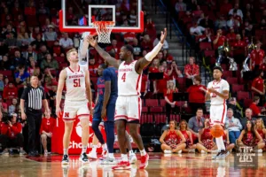 Nebraska Cornhusker forward Juwan Gary (4) reacts to making a foul in the second half against the Duquesne Dukes during the college basketball game on Wednesday November 22, 2023, in Lincoln, Neb. Photo by John S. Peterson.