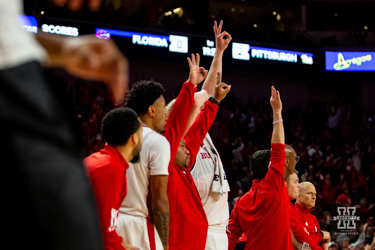 Nebraska Cornhuskers bench celebrates a three pointer in the second half against the Duquesne Dukes during the college basketball game on Wednesday November 22, 2023, in Lincoln, Neb. Photo by John S. Peterson.