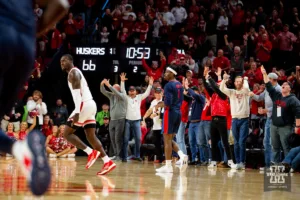 Nebraska Cornhusker forward Juwan Gary (4) runs down court after making a three point shot against the Duquesne Dukes in the second half during the college basketball game on Wednesday November 22, 2023, in Lincoln, Neb. Photo by John S. Peterson.