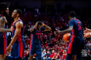 Duquesne Duke forward David Dixon (2) reacts to fouling out in the second half against the Nebraska Cornhuskers during the college basketball game on Wednesday November 22, 2023, in Lincoln, Neb. Photo by John S. Peterson.