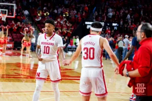 Nebraska Cornhusker guard Jamarques Lawrence (10) and guard Keisei Tominaga (30) give each other five after the win over Duquesne Dukes during the college basketball game on Wednesday November 22, 2023, in Lincoln, Neb. Photo by John S. Peterson.