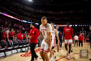 Nebraska Cornhusker guard C.J. Wilcher (0) does a little dance on the way to the locker room after the win over Duquesne Dukes during the college basketball game on Wednesday November 22, 2023, in Lincoln, Neb. Photo by John S. Peterson.