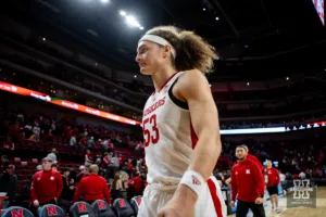 Nebraska Cornhusker forward Josiah Allick (53) walks back to the locker room after the win over Duquesne Dukes during the college basketball game on Wednesday November 22, 2023, in Lincoln, Neb. Photo by John S. Peterson.
