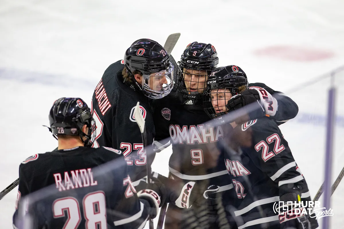 Omaha Mavericks celebrates a goal by Jimmy Glynn (22) in the second period against the Augustana Vikings during the hockey match on Saturday, November 25, 2023, in Sioux Falls, SD. Photo by John S. Peterson.