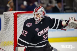 Omaha Maverick goaltender Seth Eisele (32) watching the puck against the Augustana Vikings during the hockey match on Saturday, November 25, 2023, in Sioux Falls, SD. Photo by John S. Peterson.