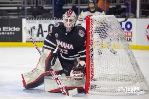 Omaha Maverick goaltender Seth Eisele (32) defends the goal against the Augustana Vikings in the third period during the hockey match on Saturday, November 25, 2023, in Lincoln, Neb. Photo by John S. Peterson.