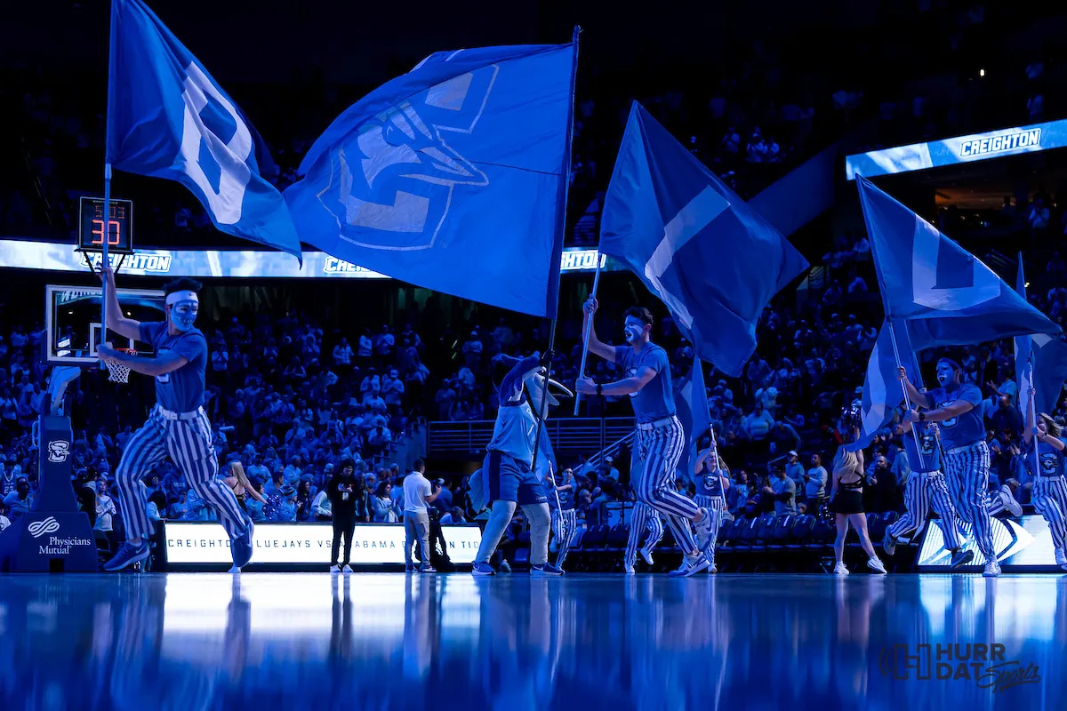 Creighton Bluejays take the court during a game against against the Alabama Crimson Tide at CHI Arena in Omaha, NE December 16th 2023. Photo by Eric Francis