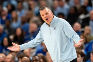 Creighton Bluejays head coach Greg McDermott reacts to a call during a game against against the Alabama Crimson Tide at CHI Arena in Omaha, NE December 16th 2023. Photo by Eric Francis