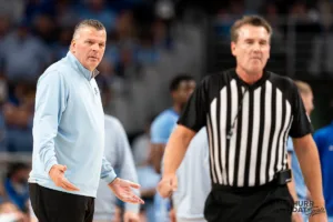 Creighton Bluejays head coach Greg McDermott reacts to a call during a game against against the Alabama Crimson Tide at CHI Arena in Omaha, NE December 16th 2023. Photo by Eric Francis