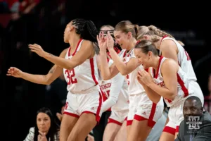 Nebraska Cornhuskers celebrate during a game against against the Southern Lady Jaguars at Pinnacle Bank Arena in Lincoln, NE December 17th 2023. Photo by Eric Francis