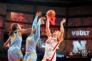 n40 reaches for a rebound during a game against against the Southern Lady Jaguars at Pinnacle Bank Arena in Lincoln, NE December 17th 2023. Photo by Eric Francis