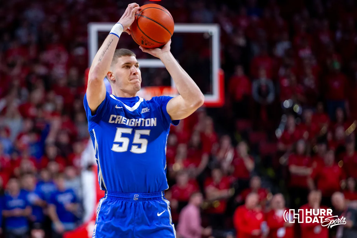 Creighton Bluejay guard Baylor Scheierman (55) makes a three point shot in the first half against the Nebraska Cornhuskers during the men’s college basketball game on Sunday, December 3, 2023, in Lincoln, Neb. Photo by John S. Peterson.