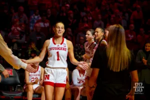 Nebraska Cornhusker guard Jaz Shelley (1) introduced before taking on UNC Wilmington Seahawks during a college basketball game Tuesday, December 5, 2023, in Lincoln, Neb. Photo by John S. Peterson.