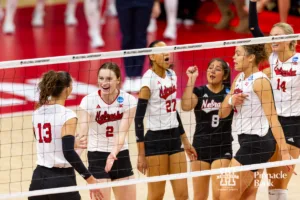 Nebraska Cornhuskers celebrates a point against the Georgia Tech Yellow Jackets in the first set during the third round in the NCAA Volleyball Championship match Thursday, December 7, 2023, Lincoln, Neb. Photo by John S. Peterson.
