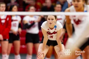 Nebraska Cornhusker Bergen Reilly (2) ready for a serve from the Georgia Tech Yellow Jackets in the second set during the third round in the NCAA Volleyball Championship match Thursday, December 7, 2023, Lincoln, Neb. Photo by John S. Peterson.