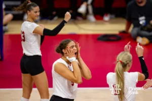 Nebraska Cornhusker Bekka Allick (5) reacts to a point against the Arkansas Razorbacks in the third set during the Regional Championship match in the NCAA Volleyball Championship Thursday, December 7, 2023, Lincoln, Neb. Photo by John S. Peterson.