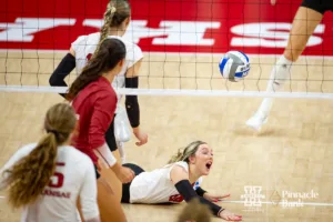 Nebraska Cornhusker Laney Choboy (6) dives to save the ball against the Arkansas Razorbacks in the third set during the Regional Championship match in the NCAA Volleyball Championship Thursday, December 7, 2023, Lincoln, Neb. Photo by John S. Peterson.