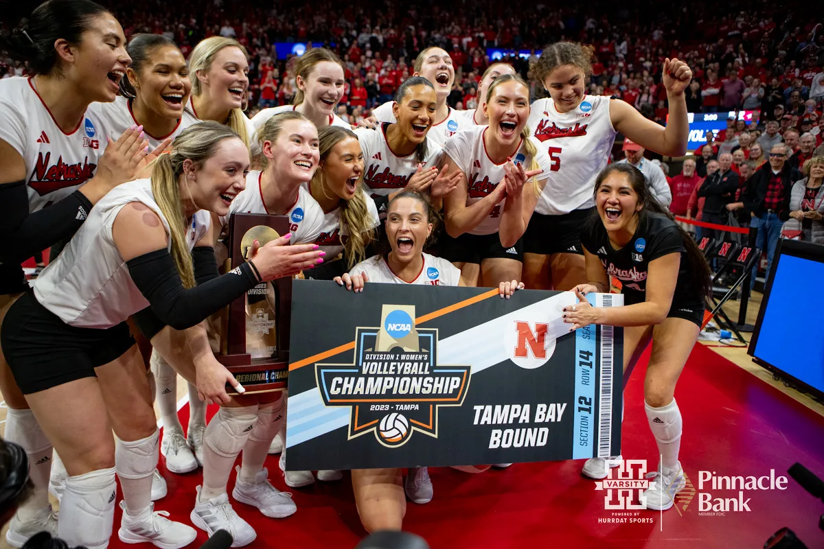 Nebraska Cornhuskers get their ticket punched to go to the final four during the Regional Championship match against the Arkansas Razorbacks in the NCAA Volleyball Championship Thursday, December 7, 2023, Lincoln, Neb. Photo by John S. Peterson.
