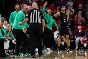 Michigan State Spartan head coach Tom Izzo reacts to the action on the court with the referee in the in second half against the Nebraska Cornhuskers during the college basketball game Sunday, December 10, 2023, Lincoln, Neb. Photo by John S. Peterson.