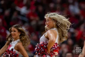 Nebraska Cornhuskers Scarlets dance team perform at a break in the action against the Michigan State Spartans in the first half during the college basketball game Sunday, December 10, 2023, Lincoln, Neb. Photo by John S. Peterson.