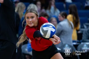 Nebraska Cornhusker defensive specialist Maisie Boesiger (7) digs the ball during open practice before the NCAA Semi-Finals, Wednesday, December 13, 2023, Tampa, Florida. Photo by John S. Peterson.