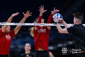 Nebraska Cornhusker Maggie Mendelson (44) and Ally Batenhorst (14) work blocking drills during open practice before the NCAA Semi-Finals, Wednesday, December 13, 2023, Tampa, Florida. Photo by John S. Peterson.