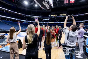 Nebraska Cornhuskers getting some media attention during open practice before the NCAA Semi-Finals, Wednesday, December 13, 2023, Tampa, Florida. Photo by John S. Peterson.