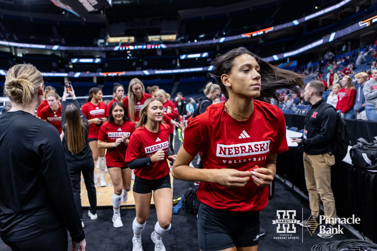 Nebraska Cornhuskers head to the Player Lounge after open practice before the NCAA Final Four, Wednesday, December 13, 2023, Tampa, Florida. Photo by John S. Peterson.