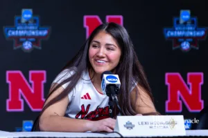 Nebraska Cornhusker libero Lexi Rodriguez (8) answers questions from the media during open practice before the NCAA Semi-Finals, Wednesday, December 13, 2023, Tampa, Florida. Photo by John S. Peterson.