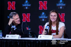 Nebraska Cornhusker setter Bergen Reilly (2) answers a question about freshman being ready to play at a high level during open practice before the NCAA Semi-Finals, Wednesday, December 13, 2023, Tampa, Florida. Photo by John S. Peterson.