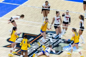 Nebraska Cornhuskers celebrate a kill by Bekka Allick in the second set against the Pittsburgh Panthers during the NCAA Semi-Finals, Thursday, December 14, 2023, Tampa, Florida. Photo by John S. Peterson.