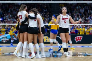 Nebraska Cornhusker middle blocker Bekka Allick (5) celebrates a point late in the three set against the Pittsburgh Panthers during the NCAA Semi-Finals, Thursday, December 14, 2023, Tampa, Florida. Photo by John S. Peterson.