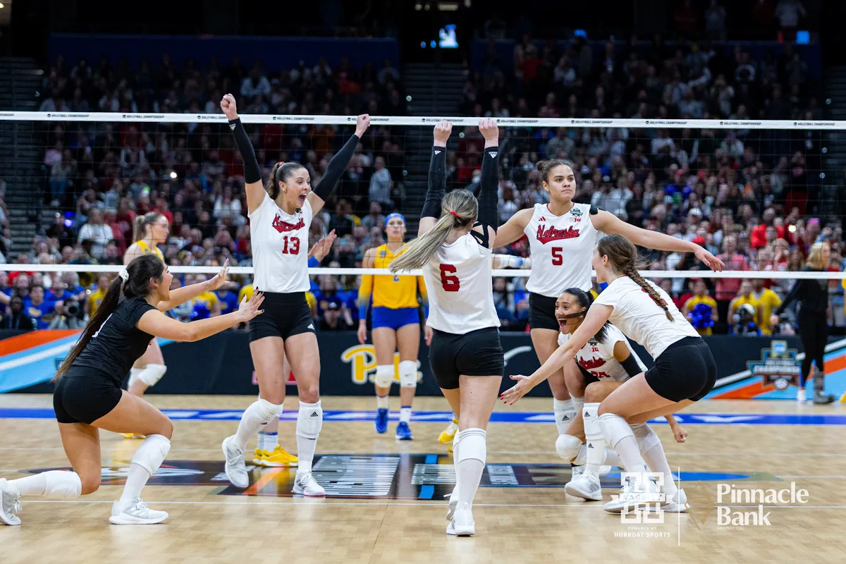 Nebraska Cornhuskers celebrates match point against the Pittsburgh Panthers in three sets during the NCAA Semi-Finals, Thursday, December 14, 2023, Tampa, Florida. Photo by John S. Peterson.
