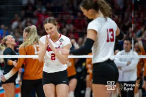 Nebraska Cornhusker setter Bergen Reilly (2) celebrates a point against the Texas Longhorns in the first set during the NCAA Finals on Sunday, December 17, 2023, in Tampa, Florida. Photo by John S. Peterson.