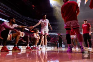 Nebraska Cornhusker guard Jamarques Lawrence (10) introduced to the fan before taking on the North Dakota Fighting Hawks during a college basketball game Wednesday, December 20, 2023, in Lincoln, Nebraska. Photo by John S. Peterson.
